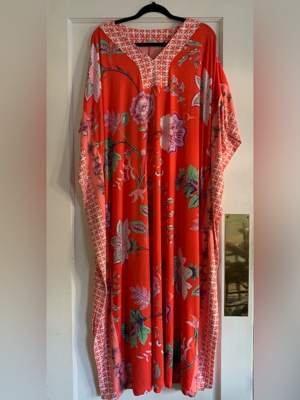 Joan Rivers Women's Luxe Knit Floral Caftan Sunset Coral 2X Bohochic Vacation